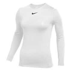 Become one with air in the Nike Pro All Over Mesh Long Sleeve Top. Dri-FIT technology helps keep you dry, comfortable and focused. Product Details: ﻿Flat seams run smooth against the body while allover mesh creates a light, airy feel The elongated silhouette expands coverage in front and back so you can stay focused 92% polyester/8% spandex Crewneck Neckline Nike Fitted Long Sleeve, Affordable Stretch Nike Tops, Long Sleeve Compression Shirt Women, Long Sleeve Sports Jersey, Nike Compression Shirt Woman, White Compression Shirt, Nike Compression Shirt, Nike Shirts Women's, Long Sleeve Sports Top