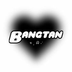 the word bangtan written in black and white with a heart shaped shadow behind it