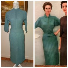 Classic Of The Late 1940s & Early 1950s. Fitted Sweater Knit Top With Matching Knit Pencil Skirt. Color Teal Blue Green Skirt Is A Fitted Ribbed Knit, Wool, Elasticized Waistband, All Over Stretch For A Bodycon Fit. Skirt Measurements Waistband Stretches From 10.5" To 18", Waist 21" To 36" Length 32" Top Is A Half Sleeve, High Neck, Wool, Upper Back Zip Closure, Stretch Knit, Subtle Line Pattern Down The Middle Front. Lenth 19" Pit-Pit 21" Also Has Stretch & Roomy In Armpit There Are Few Places Fit Skirt, Skirt Measurements, Knit Pencil Skirt, Line Pattern, Dressy Dresses, 1950s Fashion, Line Patterns, Green Skirt, Fitted Sweater