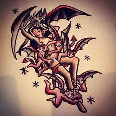 a drawing of a woman holding a baby in her arms with bats and stars around it