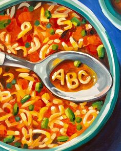 a painting of a bowl of soup with the word abc on it and spoon next to it