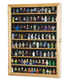 a wooden display case filled with lego minifigure action figures and lightsabes