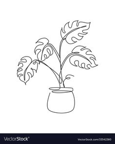 a potted plant with leaves in it on a white background line art drawing style