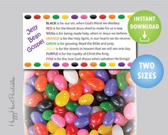 there is a large pile of jelly beans in the front and back of this card