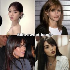 Side Swept Bangs Ponytail, Hairstyles For Asymmetrical Faces, Swept Side Bangs, Asymmetrical Curtain Bangs, Type Of Bangs Name, Side Part Bangs Hairstyles, Side Bang Tutorial, Bangs On Heart Shaped Face