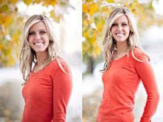 two photos of a woman in an orange shirt smiling and posing for the camera with her hands on her hips