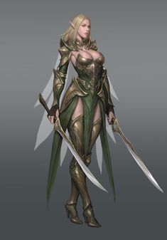 an image of a woman in armor holding two swords