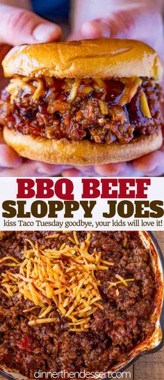 the bbq beef sloppy joes recipe is shown in two different pictures, one with meat and cheese on it