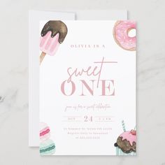 a sweet one birthday party card with donuts and sprinkles on it