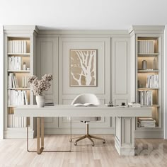 a white desk with bookshelves and vases on it in an empty room