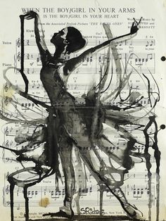 a drawing of a woman dancing on sheet music