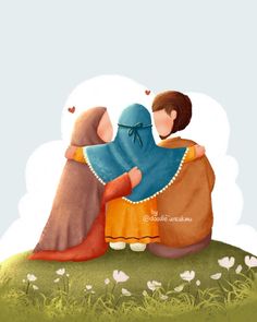 two people sitting on top of a hill with a blanket over their heads and hearts flying above