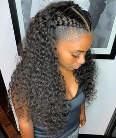 French Braid With Weave, 2 Cornrow Braids, Jerry Curl Hair, Curly Hair Sew In, Curly Sew In, Half Cornrows, Two French Braids, Cornrow Braids, Sew In Hairstyles