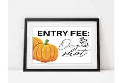 a framed poster with a pumpkin and the words entry fee written on it in cursive writing