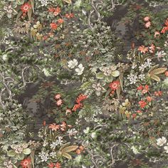 an image of a floral wallpaper with many different flowers and leaves on the background