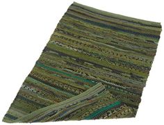 the rug is green and brown with multicolored stripes on it's sides