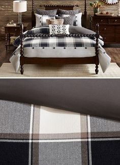 a bed room with a neatly made bed and plaid comforter on the floor in front of a wooden wall