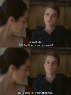 a woman is talking to another woman in front of her and the caption reads, i felt the liberty you spoke of