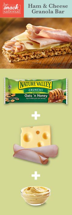 the ingredients for ham and cheese granola bar are shown in three different pictures, including one