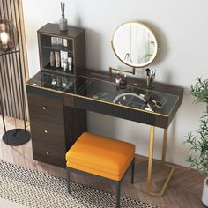 a desk with a mirror, stool and shelf