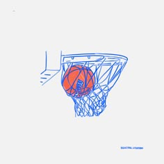 a drawing of a basketball going through the rim of a hoop with an orange ball in it