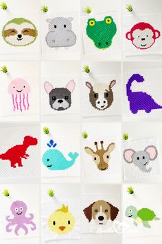 cross stitch animals are displayed on the wall