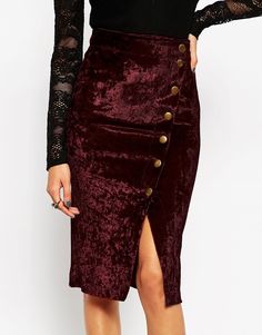 ASOS Wrap Skirt in Velvet With Asymmetric Buttons Velvet Pencil Skirt, Tall Skirt, Skirt Asymmetrical, Knee Length Skirt Pencil, Velvet Skirt, Asymmetrical Skirt, Casual Fall Outfits, Latest Clothes