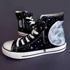 Moon Converse, Stella Outfits, Shoe Customization, Converse Design, Dream Castle, Black Canvas Shoes, Cute Converse, Embroidered Converse, Fav Products