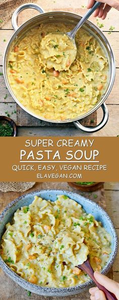 two pictures with different types of pasta in them and the words super creamy pasta soup