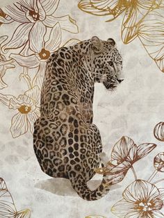 a painting of a leopard sitting on top of a flower covered ground with gold and white flowers