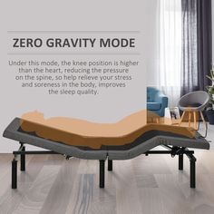 an image of a bed frame with the words zero gravity mode on it in front of a living room