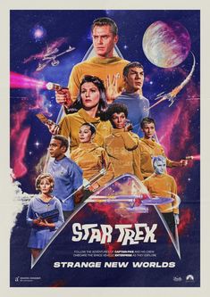 a movie poster for star trek, with the characters in space and stars around them