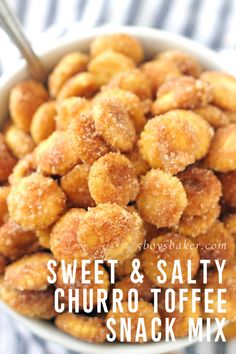 sweet and salty churro toffee snack mix in a white bowl with spoon