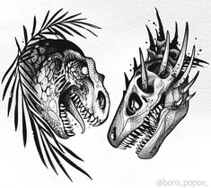 two skulls with spikes on their heads are depicted in black and white ink, while one is