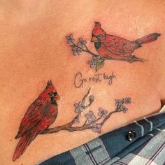 a woman's chest with two red birds on it and the words great hug written in cursive writing