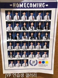 a poster with the names of young men and women in korean writing on it's side