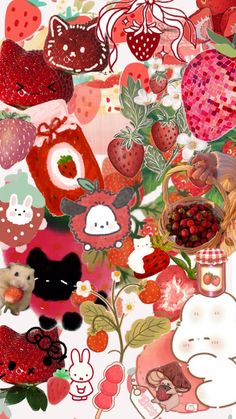 a collage of various images including strawberries, flowers and other things in the shape of animals