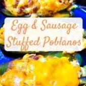 eggs and sausage stuffed potatoes on a blue plate with a sign that says egg & sausage stuffed potatoes