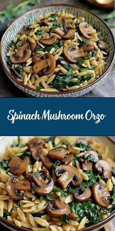 spinach mushroom orzoni salad in a bowl