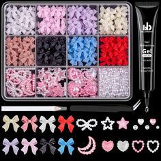 PRICES MAY VARY. 🎀 You Will Receive: A box of 3D bow nail charms with pearl nail charms(in the shapes of star heart and moon) and flatback nail pearls in 12 grids, about 500 pieces in total. It is a great amount of nail charms for you to make various nail designs. Besides, a 15ml NO WIPE nail rhinestone glue gel(UV/LED Needed), a tweezer and a pencil also come with the package. 🎀 A Riot of Colors: The nail bow charms are in 8 colors: White, Pink, Lilac, Yellow, Black, Blue, Red, and Rose Tan. 3d Nail Charms, Moon Cute, Pickup Tools, Heart Moon, Nail Jewels, Manicure Diy, Nail Art Set, Pearl Nails, Diy Rhinestone