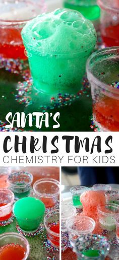 santa's christmas science activity for kids with colored liquid in cups and spoons