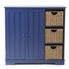 a blue cabinet with three wicker baskets on the bottom and two drawers below it