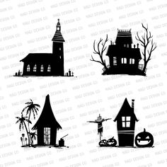 four silhouettes of houses with halloween decorations