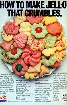 an advertisement for jello that includes cookies and candies in the shape of flowers