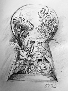 a pencil drawing of a keyhole with flowers and bugs inside