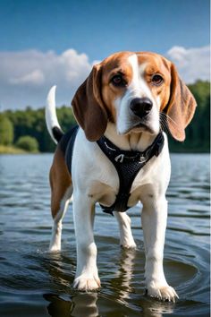 a brown and white dog standing in the water