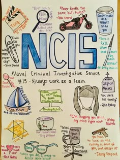 a poster with the words ncis written on it and various things to do in front of it