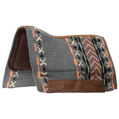 a gray and orange patterned bag with brown leather trim on the front, sitting on a white background