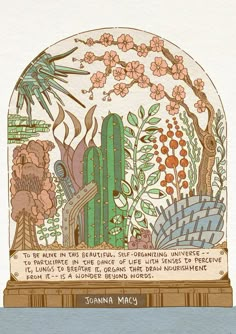 a card with an illustration of a cactus and flowers in the center, on top of a table