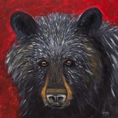 a painting of a black bear on a red background